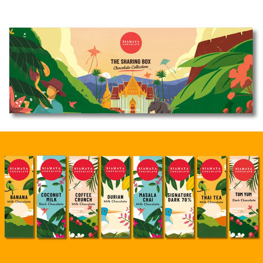 Siamaya Chocolate Collection packaging with various chocolate bars displayed below.