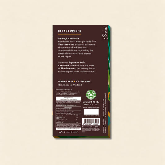 Banana Crunch Milk Chocolate, back packaging on a warm beige background.