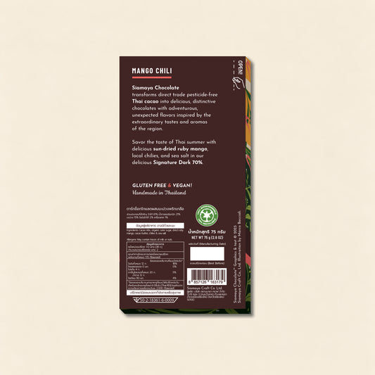 Mango & Chili 70% Dark Chocolate, back packaging on a warm beige background.