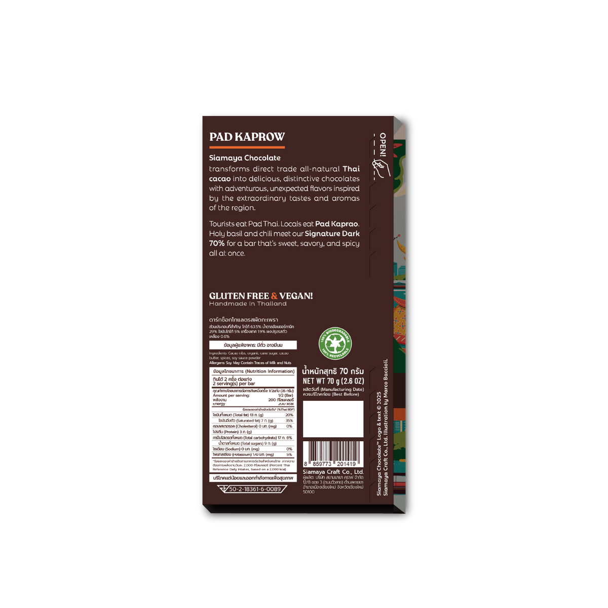 Pad Kaprow 70% Dark Chocolate, original 70g packaging back with ingredients and nutrition