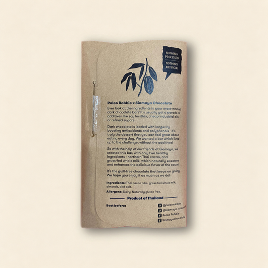 85% Simply Cacao + Milk (Almond & Sea Salt), back packaging on the matching warm beige background.