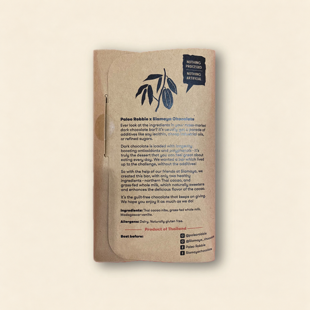 85% Simply Cacao + Milk (Vanilla Bean), back packaging on the matching warm beige background.