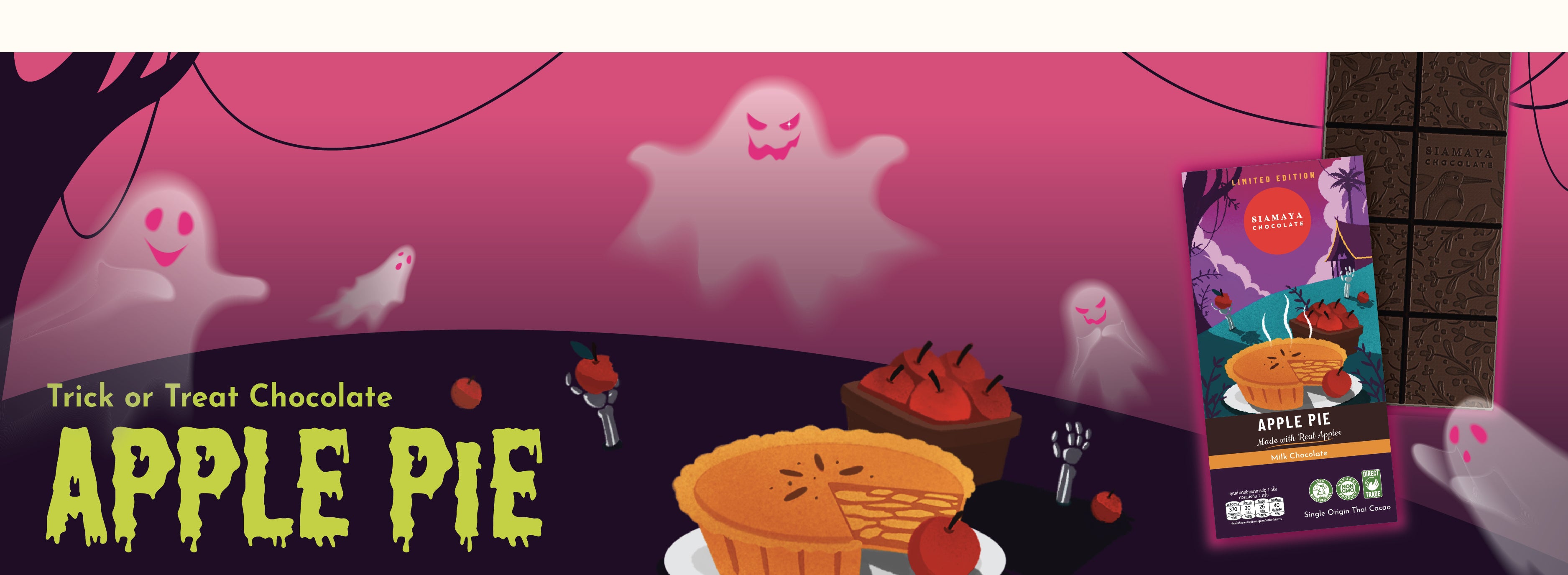 Halloween-themed apple pie chocolate packaging with ghost decorations on a pink background.