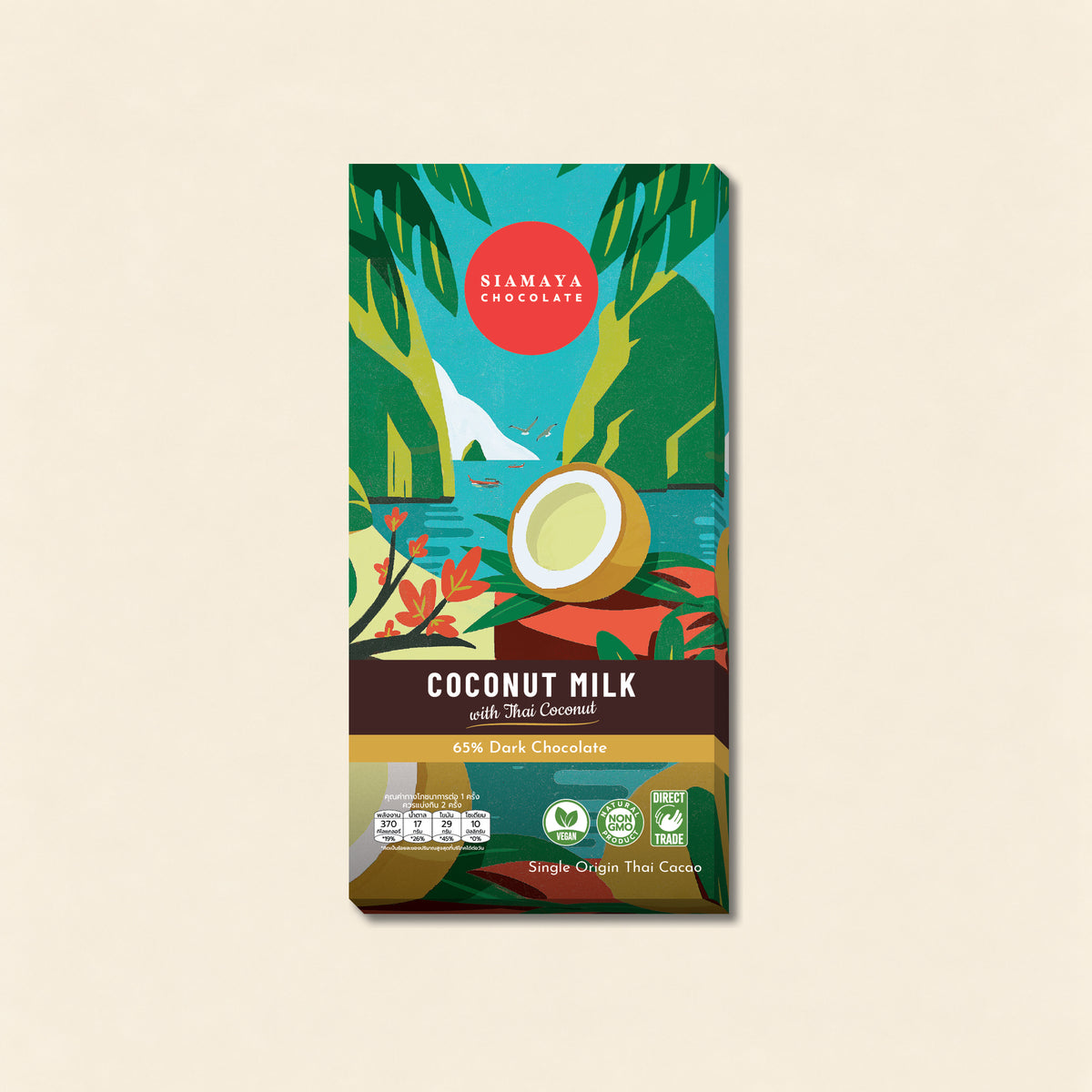 Coconut Milk 65% Dark Chocolate, front packaging on a warm beige background.