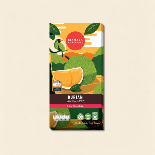 Durian Milk Chocolate, front packaging on a warm beige background.
