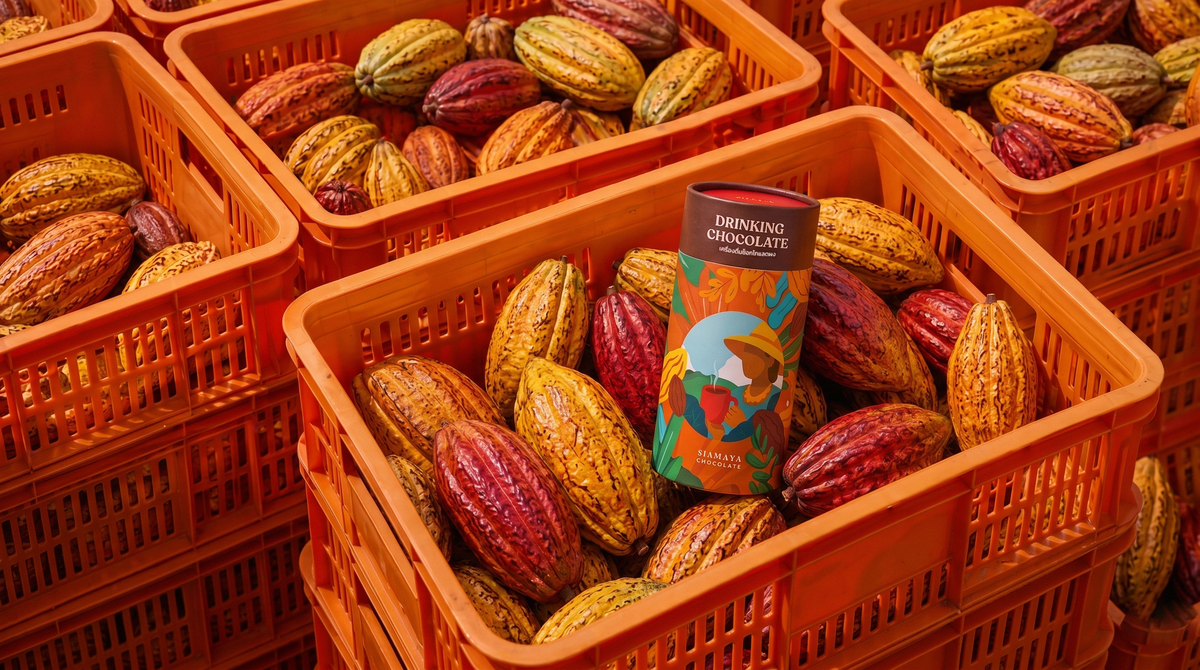 A tube of Siamaya Drinking Chocolate among fresh cacao pods in orange crates