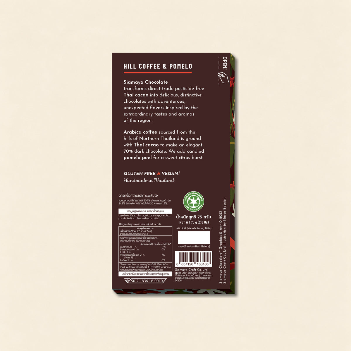 Hill Coffee and Pomelo Dark Chocolate, back packaging on a warm beige background.