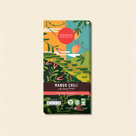 Mango & Chili 70% Dark Chocolate, front packaging on a warm beige background.