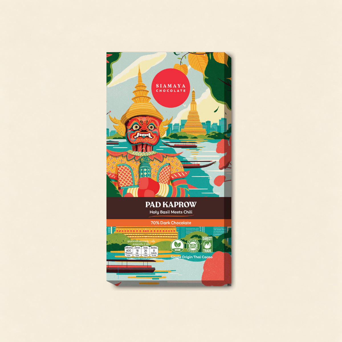 Pad Kaprow 70% Dark Chocolate, front packaging on a warm beige background.
