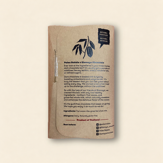 85% Simply Cacao + Milk, back packaging on the matching warm beige background.