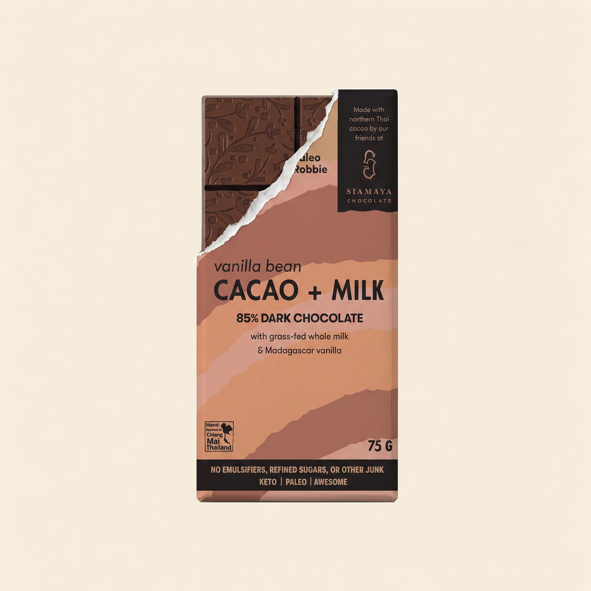 85% Simply Cacao Chocolate Milk & Vanilla, front packaging on a warm beige background.