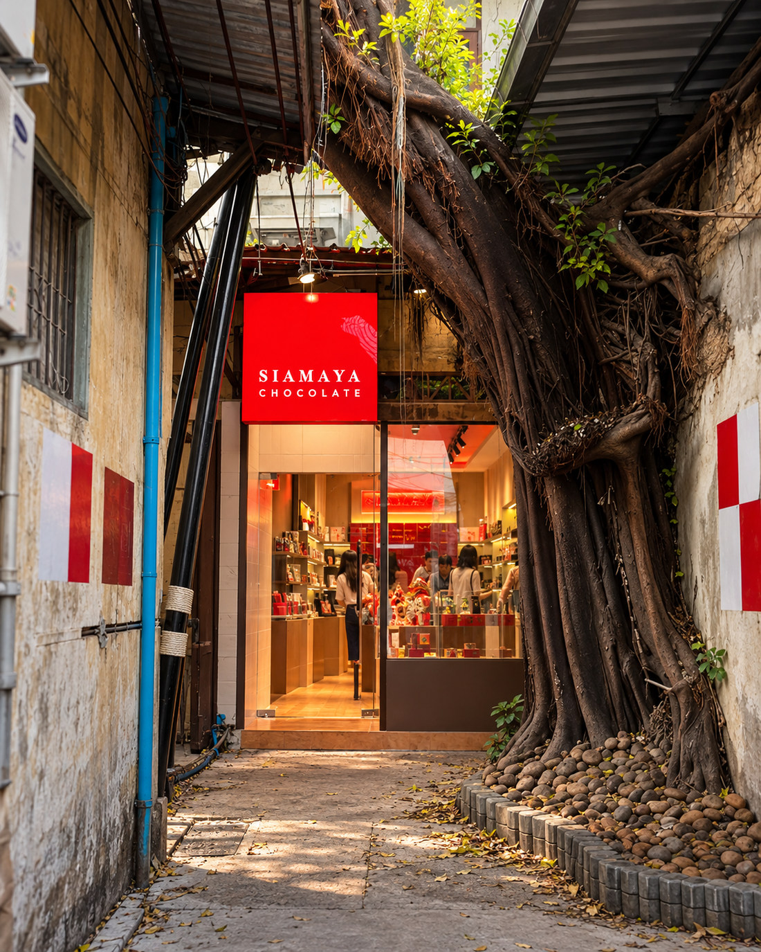 Song Wat exterior mockup showing the Siamaya entrance beside the large tree.