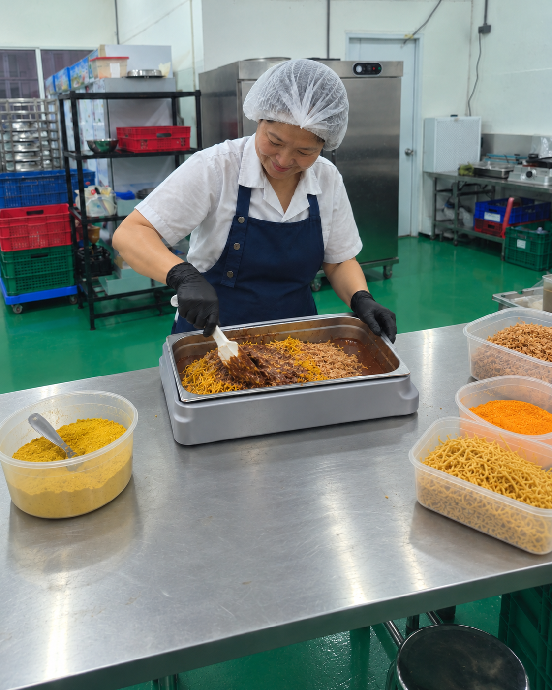 Illustration of a smiling chocolate maker folding crispy noodles and fried shallots into chocolate, with ingredient tubs on the workbench.
