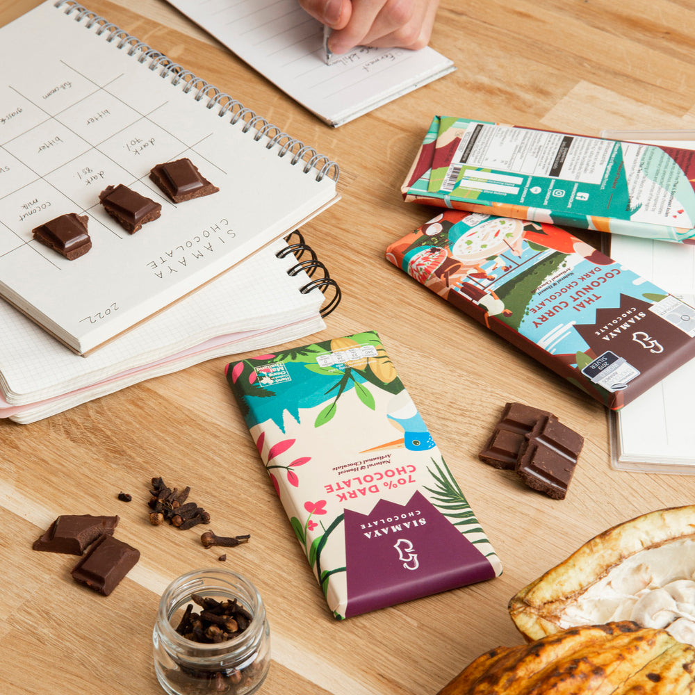 Illustrated Siamaya wrappers beside chocolate samples and tasting notes.