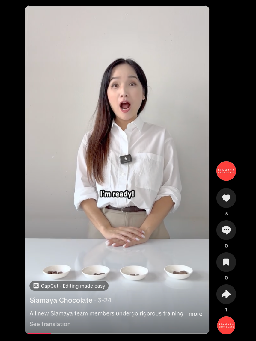 TikTok screen capture of a Siamaya team member saying I'm ready behind four tasting bowls, with the original TikTok side controls visible.