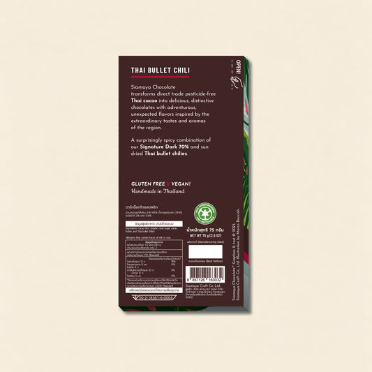 Thai Bullet Chili 70% Dark Chocolate, back packaging on a warm beige background.