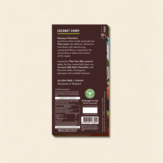 Thai Coconut Curry 65% Dark Chocolate, back packaging on a warm beige background.