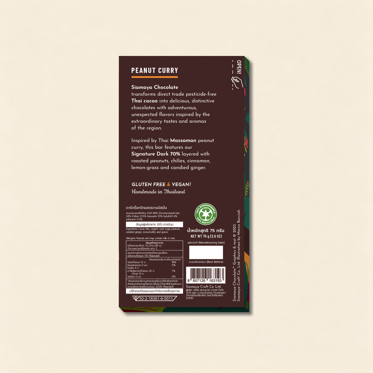 Thai Peanut Curry 70% Dark Chocolate, back packaging on a warm beige background.