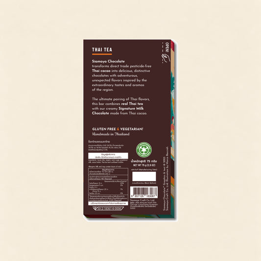 Thai Tea Milk Chocolate, back packaging on a warm beige background.