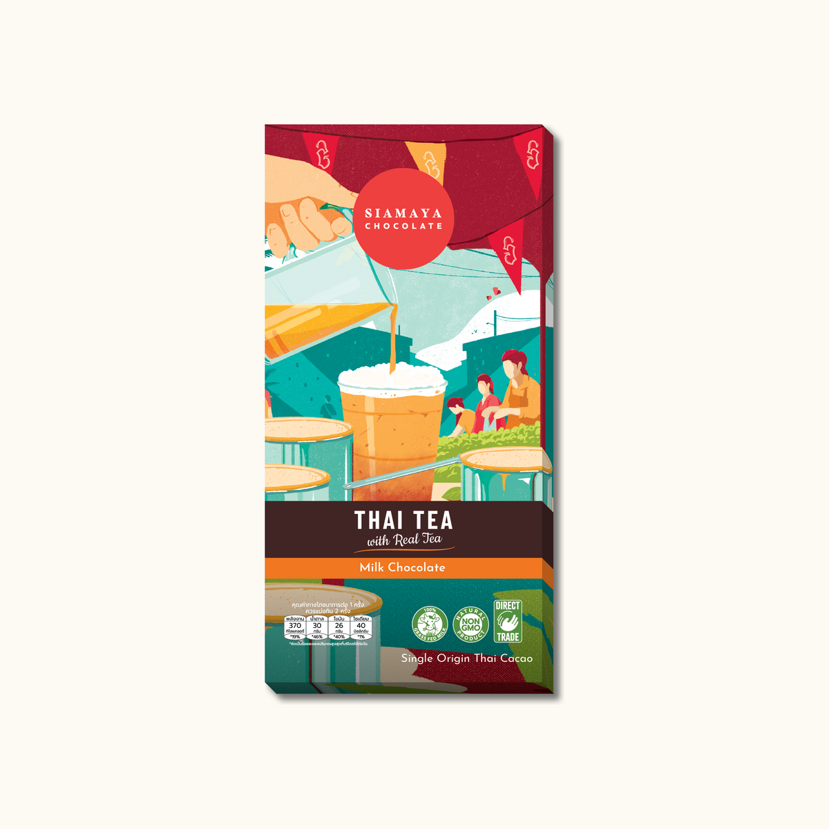 Close crop of the original Thai Tea wrapper illustration, showing tea poured into a glass at a street stall.