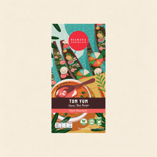 Tom Yum Dark Chocolate, front packaging on a warm beige background.